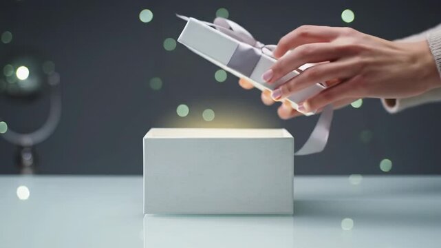 Meticulously manicured hands in neutral garment untie a silver ribbon on a pristine white gift box. Cinematic studio video on light grey, elegant bokeh, discovery and innovation concept
