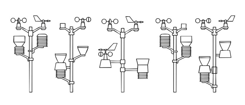 Weather station icon set, meteorological equipment for climate monitoring and wind measurement. Outline collection of professional environmental sensors for scientific data analysis, isolated black an