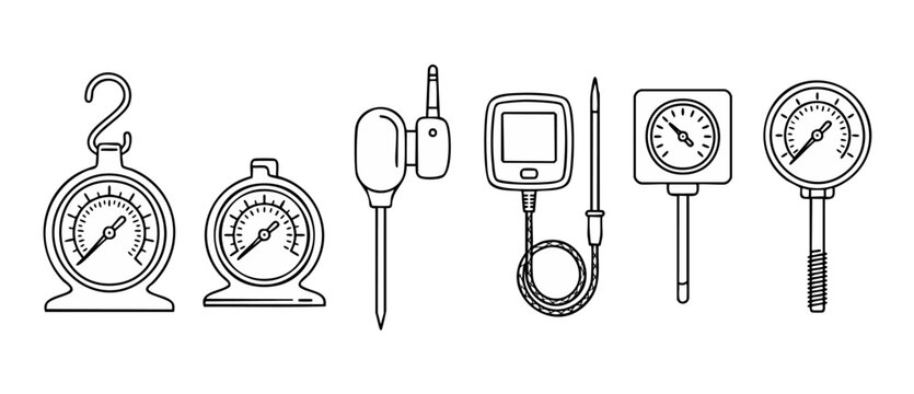 Industrial Temperature Pressure Gauges Set, Linear Measuring Equipment Icons for Technical Inspection and Quality Control Systems, Minimalist Vector Illustration Design for Engineering and Manufacturi