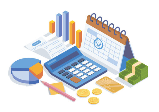 Calculator with charts, calendar, coins, cash and documents in flat style on white background, expressing budgeting and financial planning concepts. Hand-drawn vector illustration