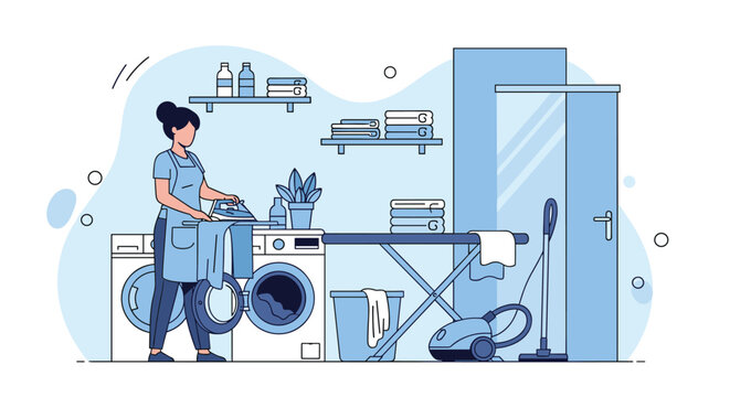 Housewife ironing clothes in a modern laundry room equipped with a washing machine, dryer, vacuum cleaner, and shelves.