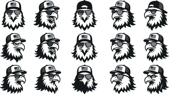 Large Set of American Bald Eagle Mascot Heads Wearing USA Flag Sunglasses and Trucker Hats for Patriotic Apparel, Vinyl Stickers, and Independence Day Merchandise