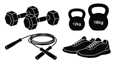 Fitness equipment silhouettes including dumbbells kettlebells jump rope and sneakers silhouette © MST
