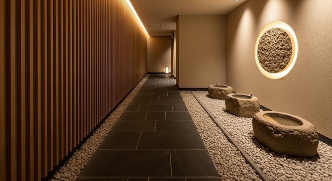 Minimalist interior hallway with stone elements and warm ambient lighting