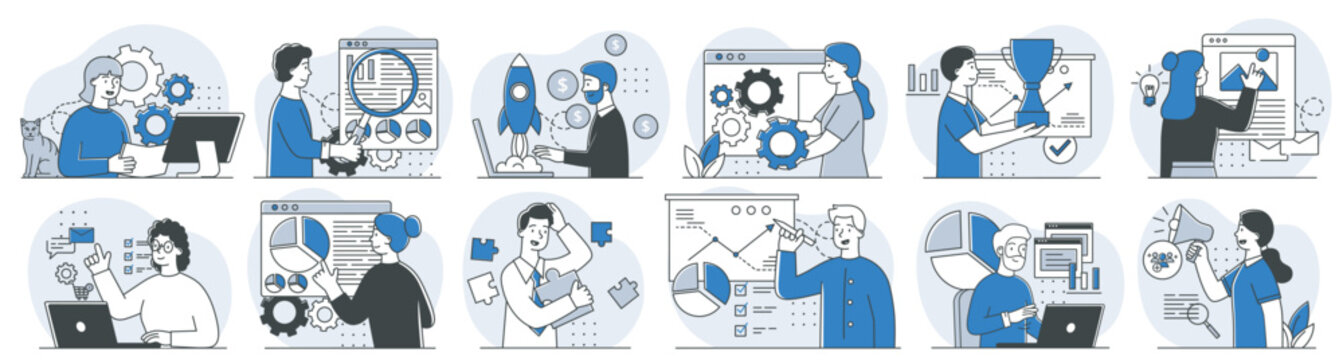 Multiple business scenes with people working on analytics, teamwork, planning, marketing and strategy in clean modern flat style, concept of productivity. Hand-drawn vector illustration