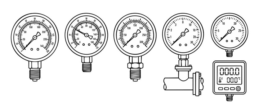 Pressure gauge icons set, industrial measurement tools, vector dial scales and digital thermometer display. Collection of mechanical instrumentation signs for engineering, manufacturing and HVAC syste