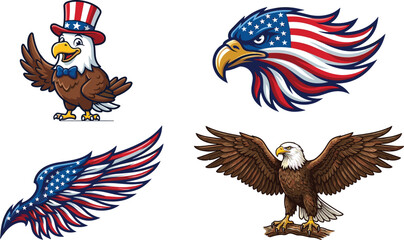 Patriotic American Bald Eagle Vector Mascot Set with USA Flag Wings and Uncle Sam Cartoon Character for Fourth of July and Independence Day Graphics © Yousuf