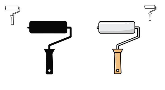 Side by side comparison of a solid black silhouette paint roller and a detailed color version with a wooden handle.