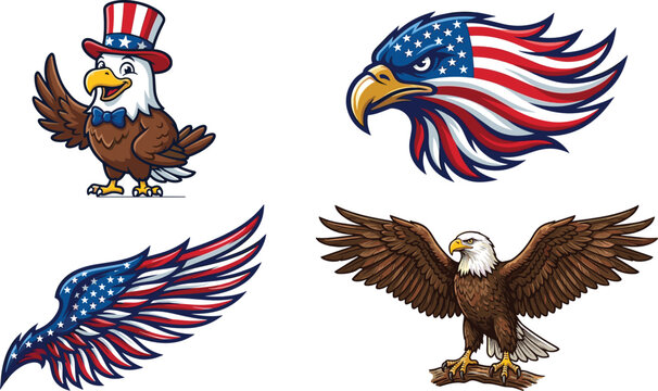 Patriotic American Bald Eagle Vector Mascot Set with USA Flag Wings and Uncle Sam Cartoon Character for Fourth of July and Independence Day Graphics