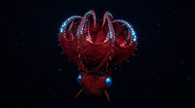 Mesmerizing Bioluminescent Vampire Squid with Blue Glowing Eyes in Dark Deep Ocean