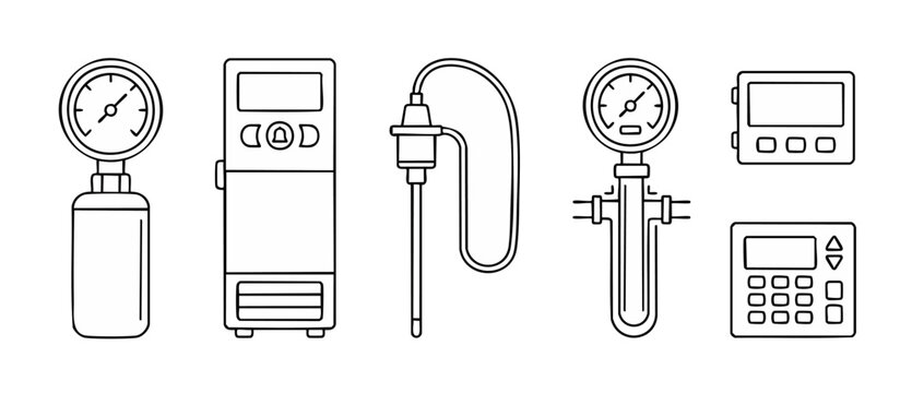 Industrial Pressure Gauge and Monitoring Control System Icons Set, Precise Measurement Tools for HVAC Engineering, Manufacturing Equipment, Digital Sensors, and Technical Automation Hardware Outline G