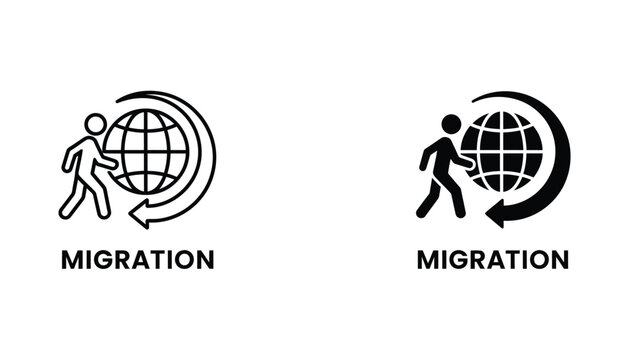 Global migration concept icon with person walking around globe in both outline and solid black graphic styles for international movement