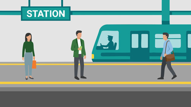 People waiting on subway platform with train at station, urban public transport
