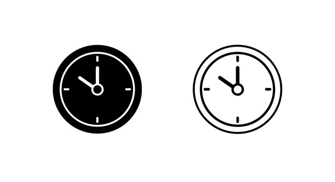 Clock icons, black and white, analog time, vector graphics