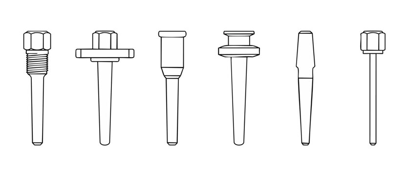 Industrial Bolt Icons Set, Mechanical Fasteners and Metal Screws, Engineering Hardware Components for Technical Schematics and Manufacturing Blueprint Design, Isolated on White Background Vector Illus