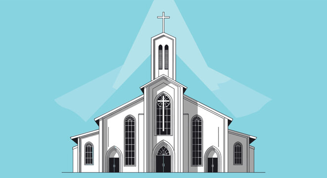 Architectural illustration of a large modern white church building with a cross on top against a clear blue sky.