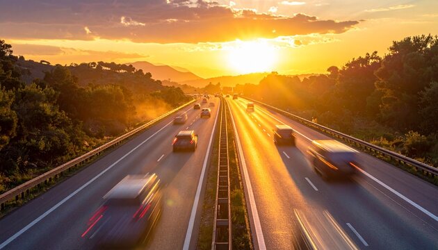 Cinematic long exposure of a multi-lane highway at sunset with a motion blurred car and golden sunlight reflecting on the asphalt surface.
