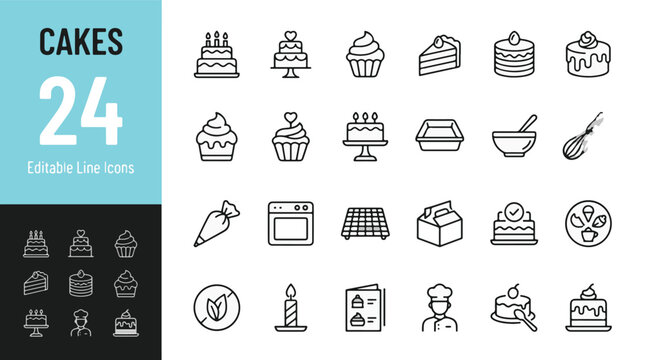 Cakes Line Editable Icons set. Vector illustration in a modern thin line style of bakery and pastry related icons: birthday cake, cupcake, oven, chef, dessert, and cooling rack. Isolated on white.