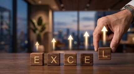 Fototapeta na wymiar Hand placing wooden excel block on desk with city view and warm lighting for business success concept