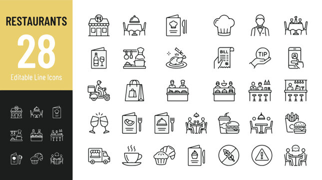 Restaurants Line Editable Icons set. Vector illustration in a modern thin line style of food and dining related icons: chef, menu, delivery, waiter, fast food, and bistro. Isolated on background.