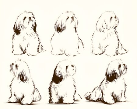 Six adorable shih tzu dogs are illustrated in various sitting poses, each with charming expressions and detailed, flowing fur in this image.