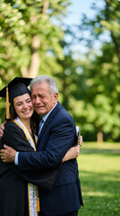 Fototapeta premium Graduate woman hugging emotional father in ceremony. Proud parent crying while embracing daughter at commencement. Family celebration of academic success and higher education milestone.