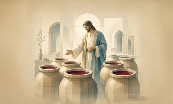 First Miracle of Jesus Christ at Cana Turning Water into Wine. Christian  Illustration. New Testament.