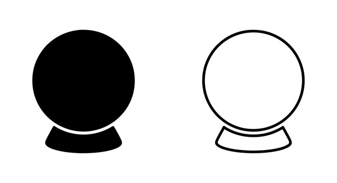 Crystal ball icons, magic sphere symbols, black and white vector graphics