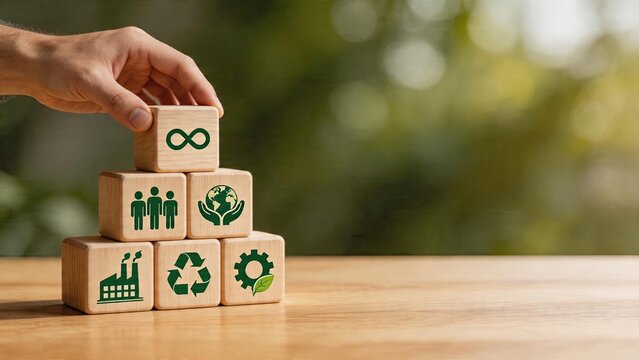 Business man hand stacking wooden cube blocks with recycling eco friendly sustainability industrial people social responsibility green leaf icons on background