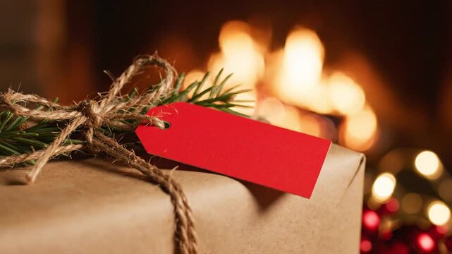 Red Tag On Wrapped Gift, Twine And Pine Sprig On Kraft Paper, Warm Fireplace Bokeh And Candlelight Glow, Closeup Composition Captures Rustic Artisan Wrapping Scene Ready For Gifting During Holiday
