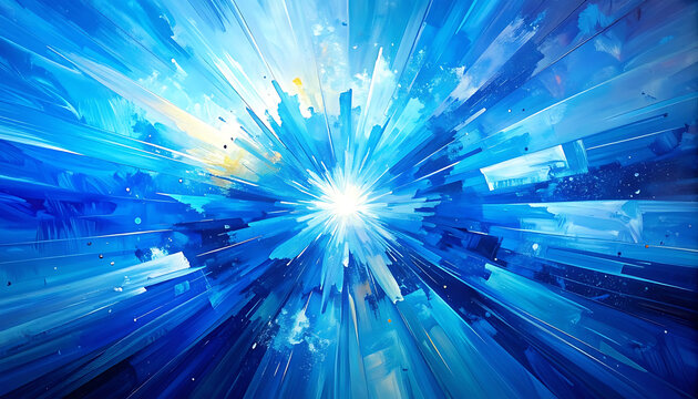Abstract exploding blue light burst, dynamic energy explosion, radiating lines and dots, futuristic and digital feel, representing speed, data transfer, or space exploration