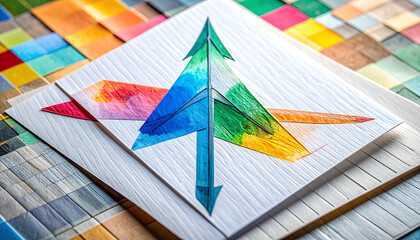 Fototapeta premium abstract directional arrow graphic with vibrant watercolor fill pointing up and down, on textured paper with wood sample background, representing choice and direction