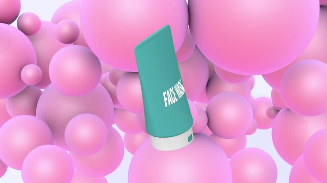 Face wash tube rotates 360 degrees in a seamless loop among soft pink spheres, clean skincare product animation ideal for beauty ads, branding and cosmetic promo visuals, 3D animation