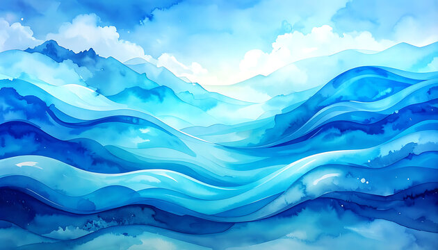 Abstract flowing blue waves in watercolor style, tranquil mountain landscape, serene sky, calming natural background
