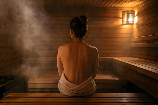 Back View of Person Sitting in Sauna with Visible Steam