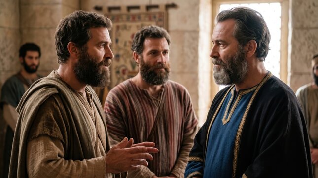 King Herod Agrippa talking with man in palace. Biblical scene depicting negotiations with Tyrian and Sidonian ambassadors. Ancient history, drama, faith and religion, Jerusalem, Caesarea.