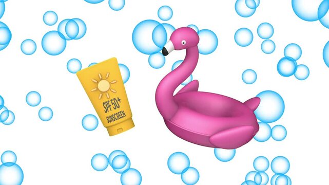 SPF 50+ sunscreen tube and pink inflatable flamingo move in a seamless loop while blue bubbles slowly rise upward, playful summer scene for beach, sun care and vacation visuals, 3D animation