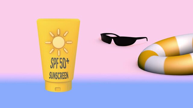 SPF 50+ sunscreen tube with sunglasses and inflatable swim ring on a pastel summer background, clean 3D loop animation scene perfect for sun protection, beach vacation and skincare promo visuals