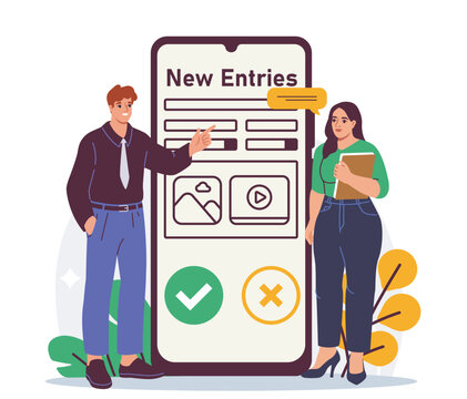Two characters standing near a large mobile interface displaying new entry fields in flat style on a white background, expressing a digital form submission concept. Hand-drawn vector illustration