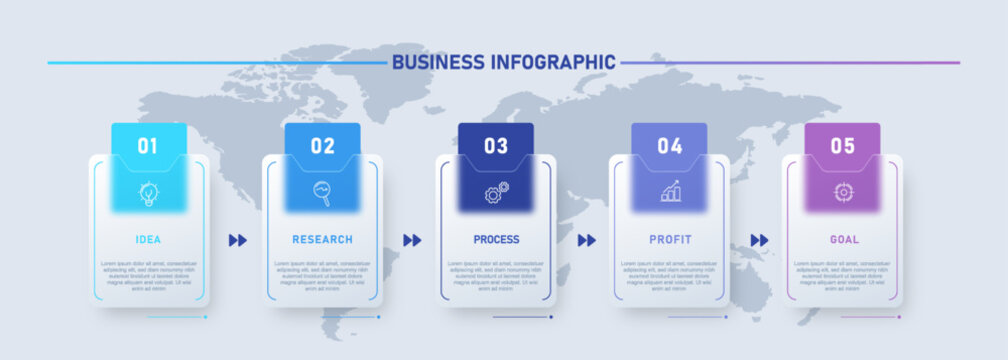 Modern business infographic template featuring five workflow steps with gradient elements and world map background. Clean professional layout