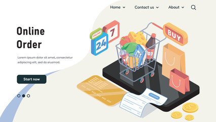 A shopping cart filled with groceries on a digital device in a flat graphic style over a light background, showing concept of online buying. Hand-drawn vector illustration © 100% HAND-CRAFTED