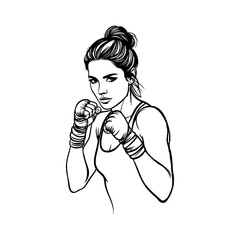 Logotipo con dibujo minimalista con líneas de una mujer con guantes de entrenamiento, en una posición de guardia de artes marciales  © teracreonte