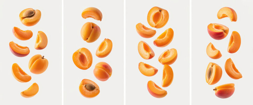 Fresh ripe apricot fruit slices falling down isolated on a plain white background surface
