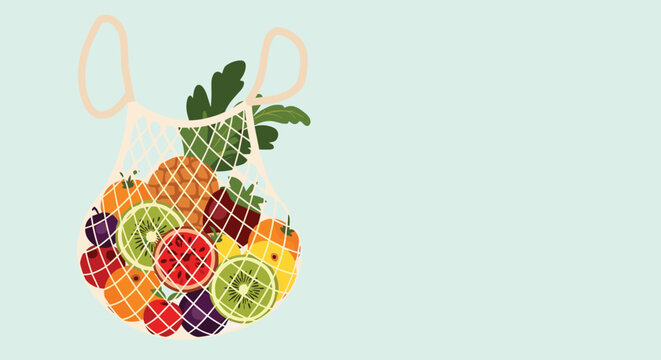 Reusable mesh grocery bag filled with fresh variety of fruits like pineapple kiwi oranges and watermelon for healthy living.