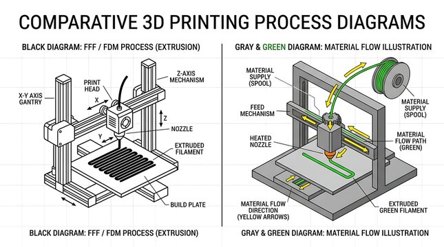 Comparative 3d printing process diagrams showing fff fdm extrusion and material flow