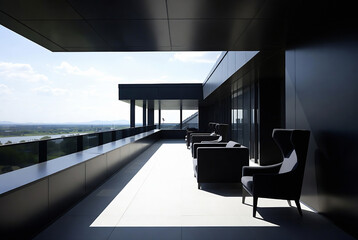 Obraz premium A modern rooftop terrace with seating and a distant cityscape view. People are relaxing on the balcony.