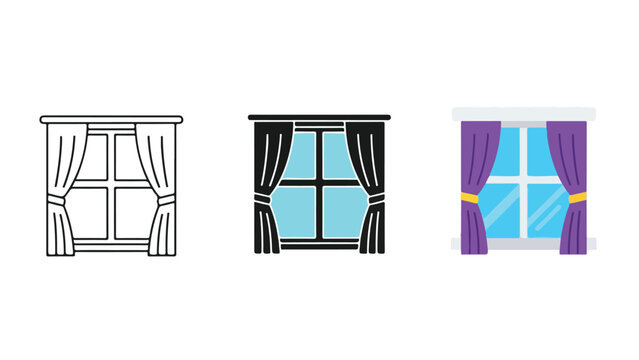 Window with curtains interior view icon set - Editable line icons. Vector illustration - Glyph and solid icon set - Icon vector