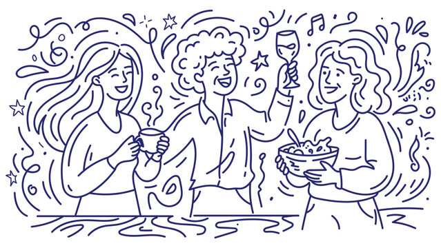Group of Friends Having a Party with Drinks and Food Hand Drawn Doodle Illustration with Blue Contours on White Background Representing Joyful Social Gathering