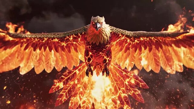 Mythical fiery phoenix in flight highlighting geometric patterns and contemporary art