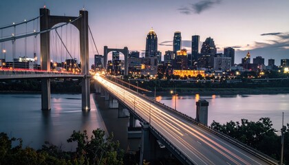 Fototapeta premium Cincinnati Skyline and Suspension Bridge at Dusk with Light Trails.